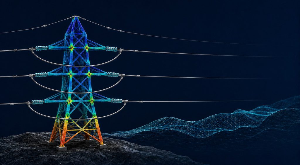 Visualização de torre de ancoragem com mapa de tensões por elementos finitos