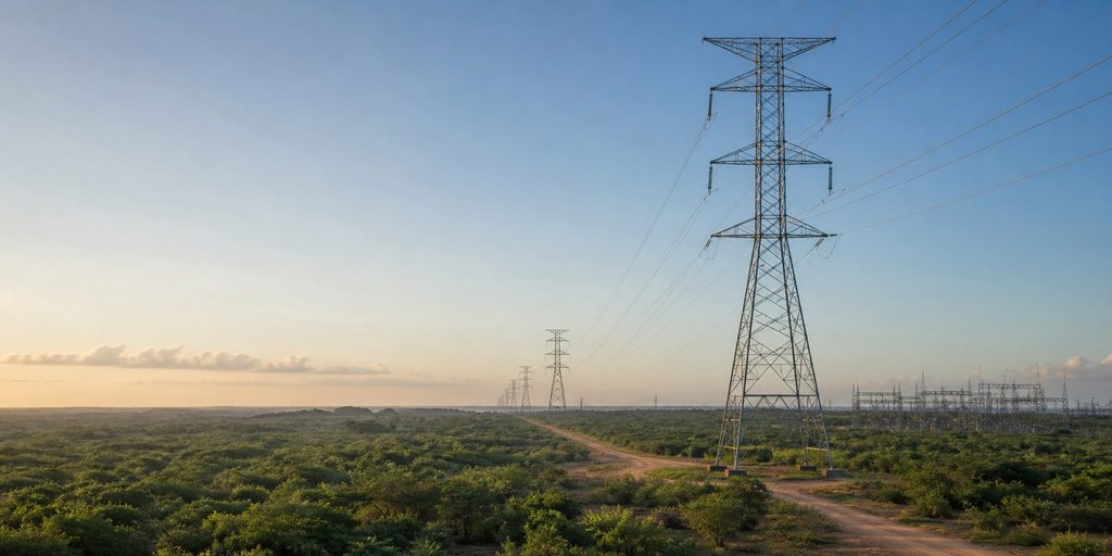 Linha de transmissão atravessando vegetação de caatinga ao entardecer